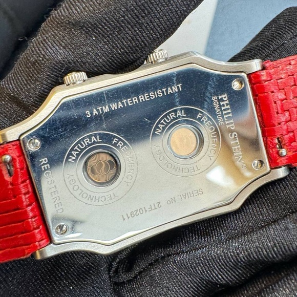 philip stein signature watch MOP dial diamond bezel red wicker strap main image 5